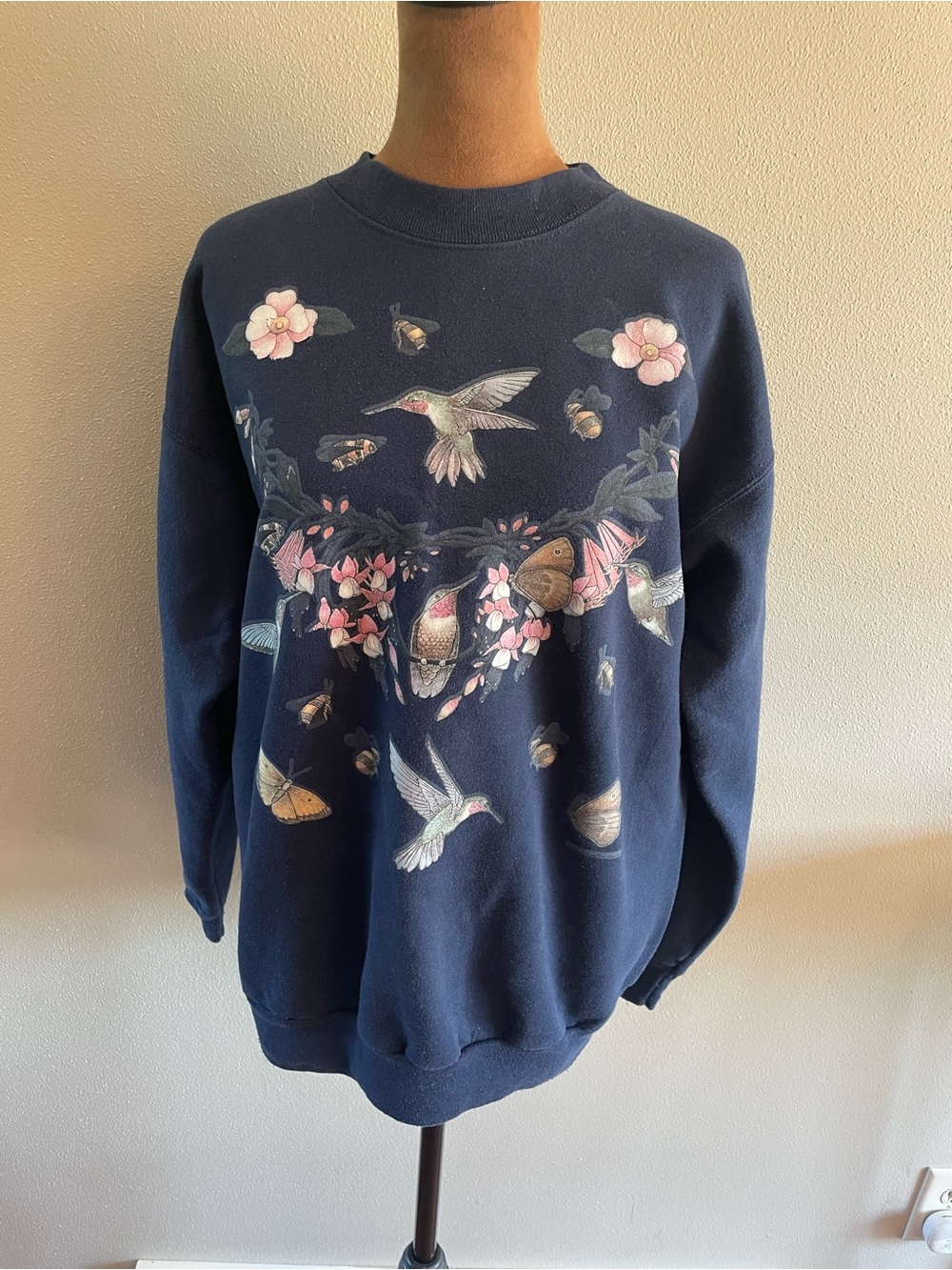Vintage Hanes Navy Crewneck Sweatshirt with Hummingbird & Floral Print